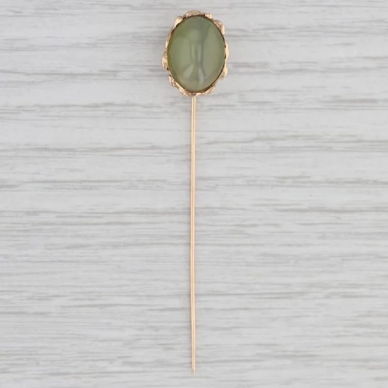 emerald cut engagement rings for women-Vintage Cat’s Eye Actinolite Stickpin 14k 10k Gold Oval Cabochon Solitaire