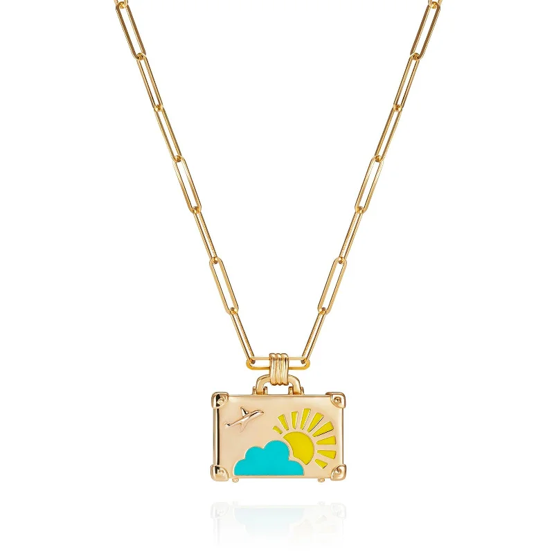 simple gold heart necklace for women-Small Luggage Pendant with Blue and Yellow Enamel