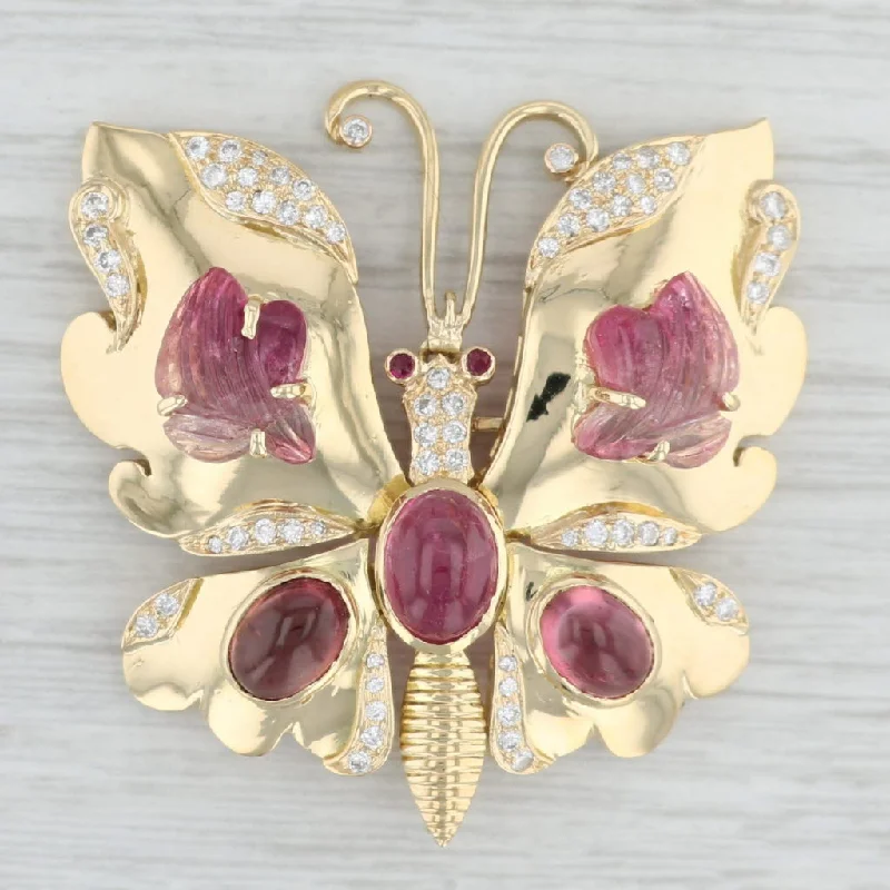 radiant cut engagement rings for women-Vintage Butterfly Brooch with Moving Wings Tourmaline Ruby Diamond 18k Gold