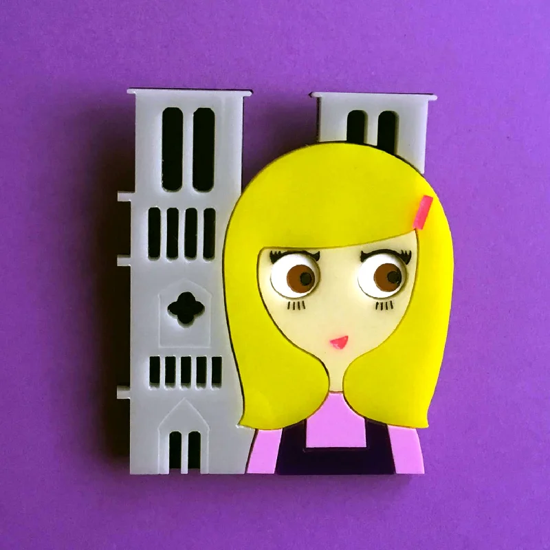 winter-themed brooch for women-NOTRE-DAME Acrylic Brooch, Brown eyes blonde standing before Notre-Dame de Paris Cathedral