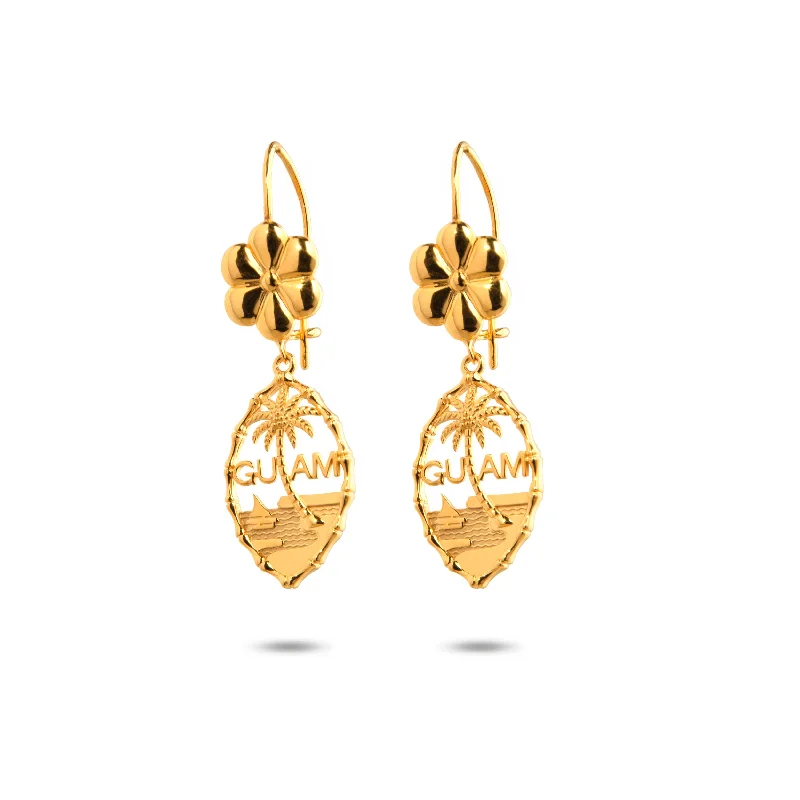 silver teardrop earrings for women-14K Yellow Gold Guam Seal Dangle Earring With Flower