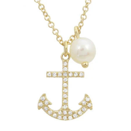 dainty heart necklace for women-14k Yellow Gold Diamond Anchor & Pearl Pendant With Chain