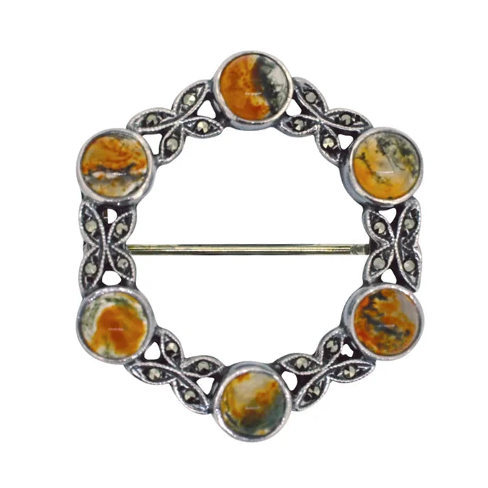 luxurious brooch for weddings-Marcasite & Moss Agate Brooch