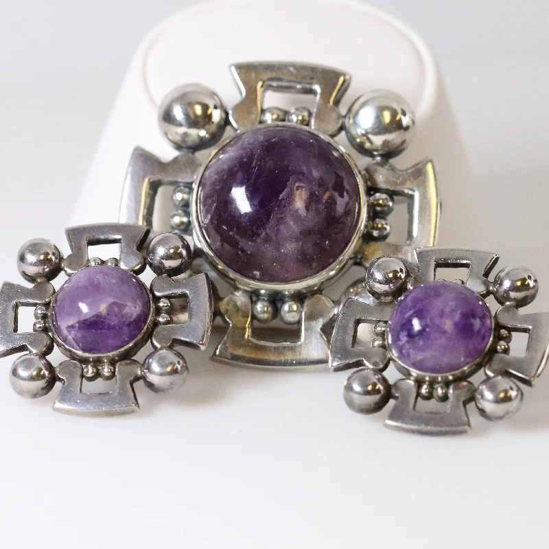 crystal-studded brooch for women-Vintage Fred Davis Taxco Jewelry | Bold Amethyst Brooch and Earring Set