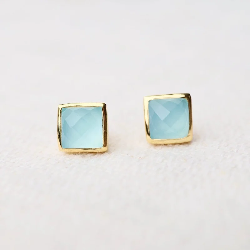 chain earrings for women-Madeline Stud Earrings - Vermeil Square - Aqua Blue Chalcedony