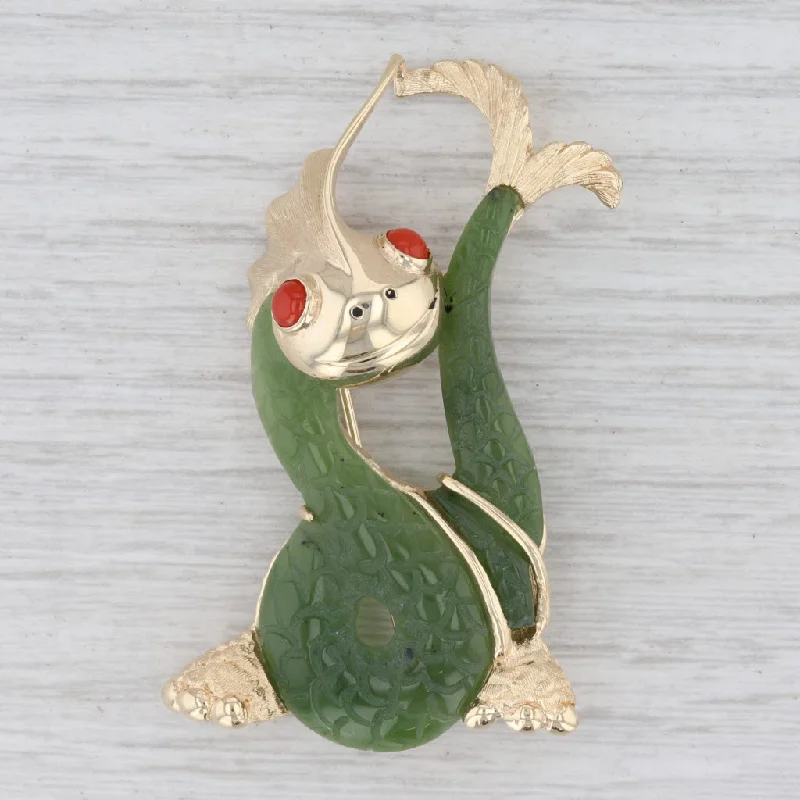 nature-inspired engagement rings for women-Green Nephrite Jade Carved Dragon Brooch 14k Yellow Gold Coral Pin Asian Jewelry