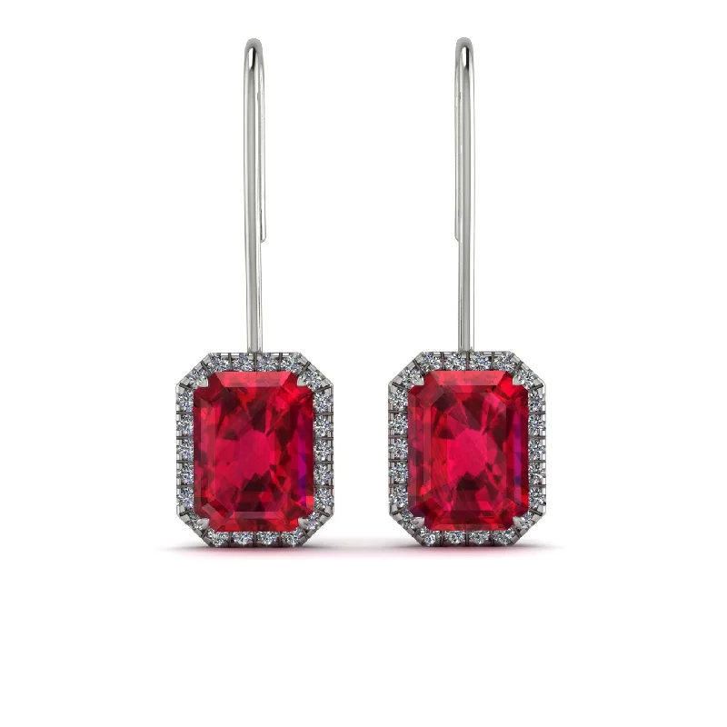 geometric earrings for women-Halo Emerald Cut Ruby Earrings - Izabella No. 12