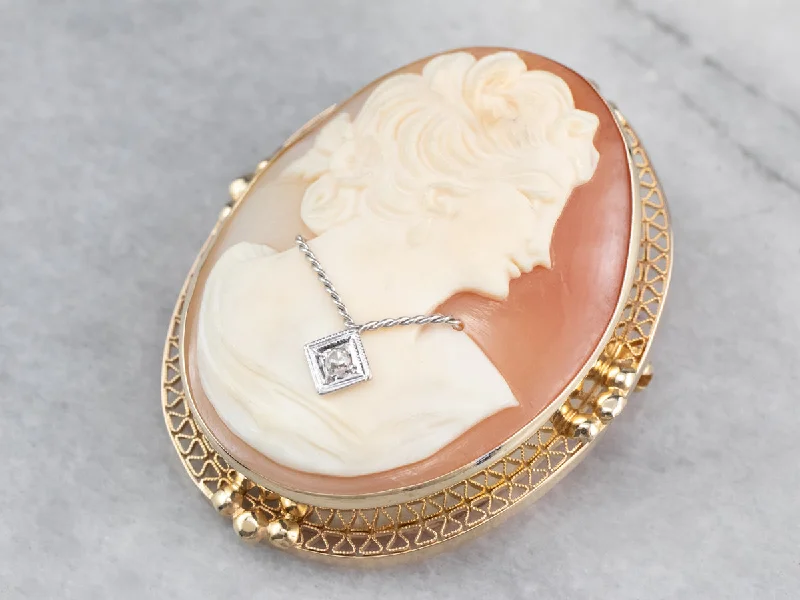 luxurious brooch for weddings-Retro Cameo Diamond Gold Brooch Pendant