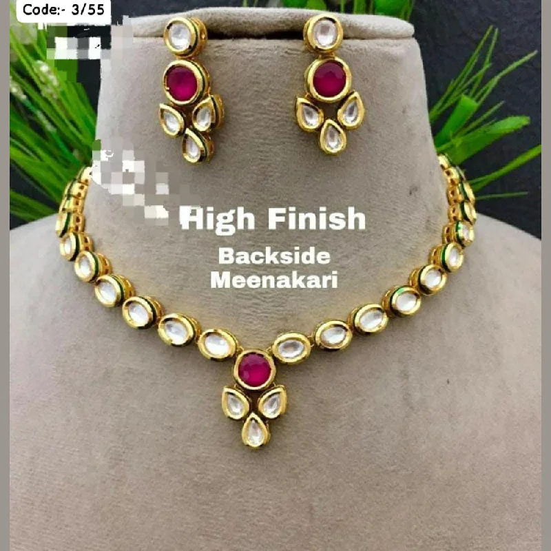 floral pendant necklace for women-FS Collection Gold Plated Kundan Stone Neckalce Set