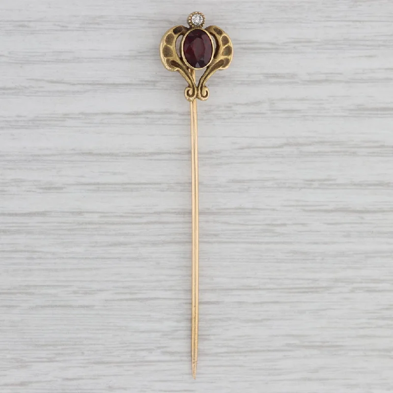 affordable engagement rings for women-Art Nouveau 1.29ctw Garnet Diamond Stickpin 14k Yellow Gold Vintage Pin