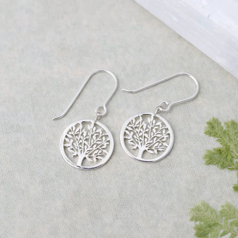 gold gemstone earrings for women-Sterling Silver Small Tree of Life in Circle Earrings