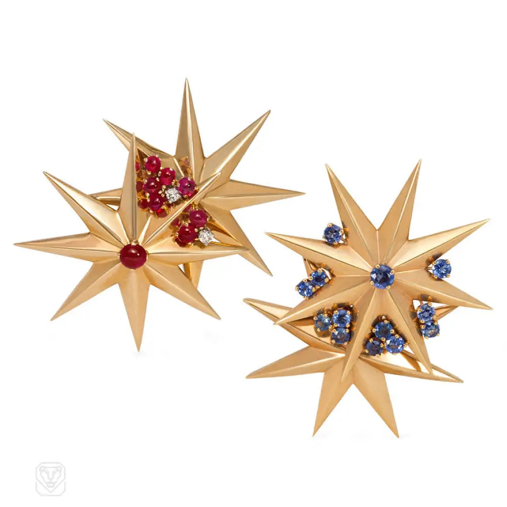 minimalistic brooch for women-Pair of Retro gold star brooches, Cartier